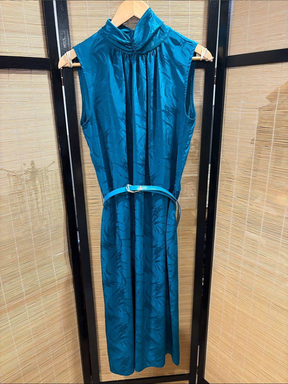 Vintage 60s Teal Sleeveless Mock-Neck Belted Midi Dress